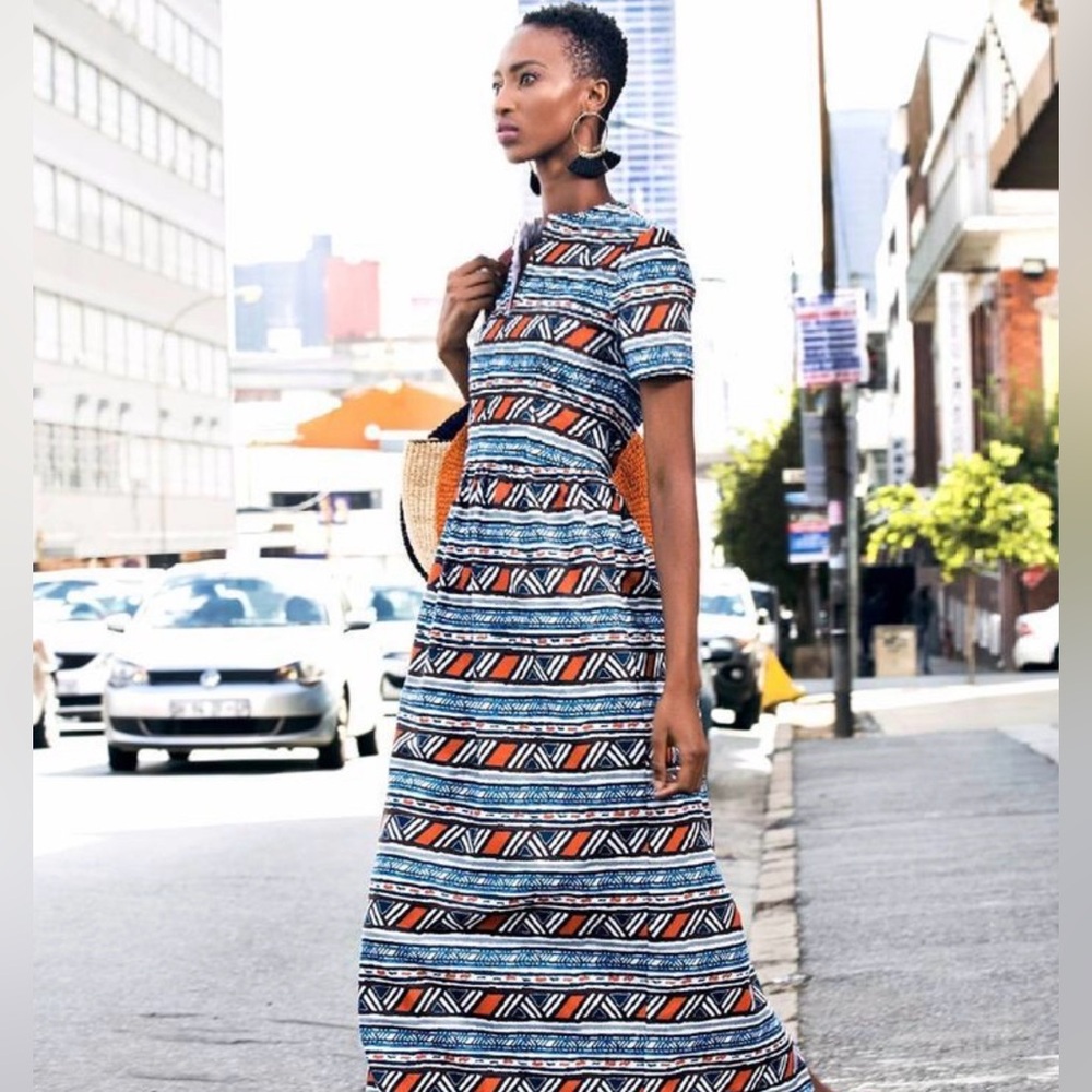 Kisua Africa Womens Maxi Ankara Dress Fitted Bodice Full Skirt Short Sleeve 16